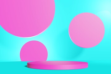 pedestal display with pink cylinders and abstract blue background with box support concept. Podium for brand promotion products, realistic 3d digital rendering