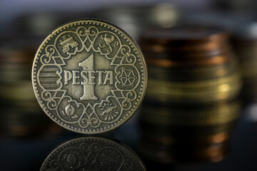 1944 Spanish Peseta Coin Stacks Close Up Reflection Macro