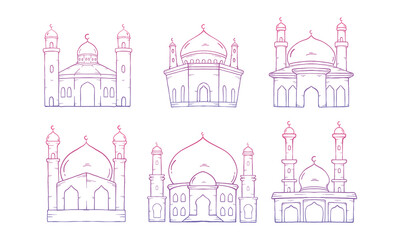 Set of Islamic Mosque. Illustration vector graphic. Design concept Mosque with HandDrawn Sketch style, Perfect for Islamic sticker, greeting card , Best element set for your Islamic design.