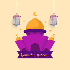 Ramadan Kareem. Illustration vector graphic. Design concept Mosque with lantern in HandDrawn and flat style, Perfect for Islamic Holy Month, banner, Postcard social media, greeting card