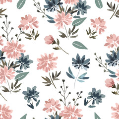 Seamless pattern with cute delicate pastel flowers in watercolor style isolated on white background.