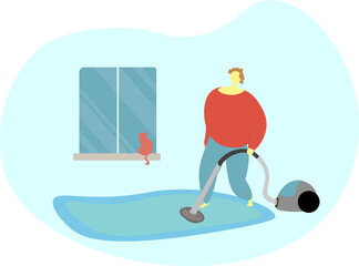 Young man clean up in his room with cat on window. Flat vector illustration