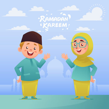 Muslim Man Women Character Celebrate in Ramadan Kareem Islamic Concept