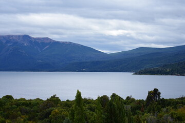 Naklejka na ściany i meble Landscape Mountain Lake in Patagonia Los Alerces National Park Adventure Travel