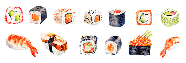 watercolor set with sushi and rolls, with salmon and eel, with caviar, on a white background for creating postcards, textures, menu design © Vera Martynenko