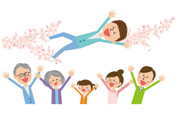 ポップな3世代家族　上を見上げて笑顔