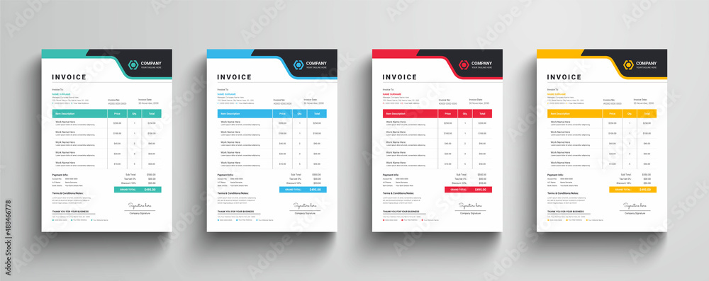 Wall mural modern and creative invoice layout | four color variation invoice design bundle for your company