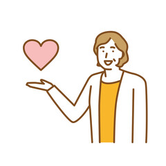 片手を挙げてハートマークを掲げて安心を表現する年配の女性