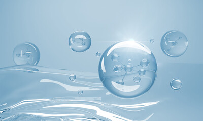 Molecule inside Liquid Bubble on water background. Cosmetic Essence, Cosmetic spa medical skin care, 3d illustration