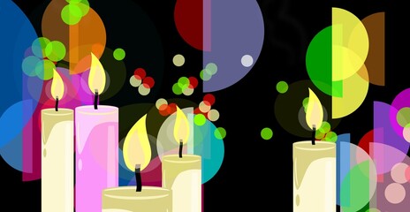 LIT CANDLES IN THE DARK. Burning flame. FANTASIA. Amiable ABSTRACT GEOMETRIC SHAPES. Multicolor figures. Cute aesthetic WALLPAPER ideas. Background design image. Creative ILLUSTRATION. Semicircles.