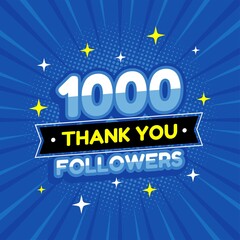 1000 followers colorful banner with blue ribbon. Poster with thanks to subscribers on social networks. 1000 followers thank you 3d rendering illustration. 1000 foolowers banner. - obrazy, fototapety, plakaty