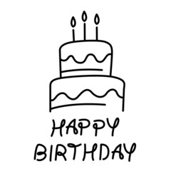 Birthday cake drawing with black strokes on white background.