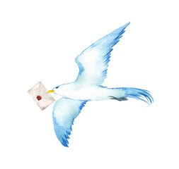 手紙を運ぶ青い鳥　水彩イラスト