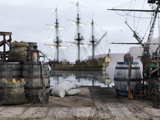 Obraz premium Background of a pirate docking port with various trade goods and a pirate ship in background. Backdrop is ready for your character, imagination and creativity. 3d rendering