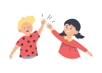 Kids friends giving high five flat cartoon vector illustration isolated.