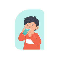 Little child boy drinking water cartoon flat vector illustration isolated.