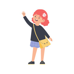 Girl waving hand in greeting friendly gesture flat vector illustration isolated.
