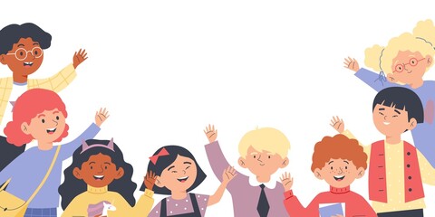 Diverse cheerful children waving hands, banner template with copy space for text - flat vector illustration on white.