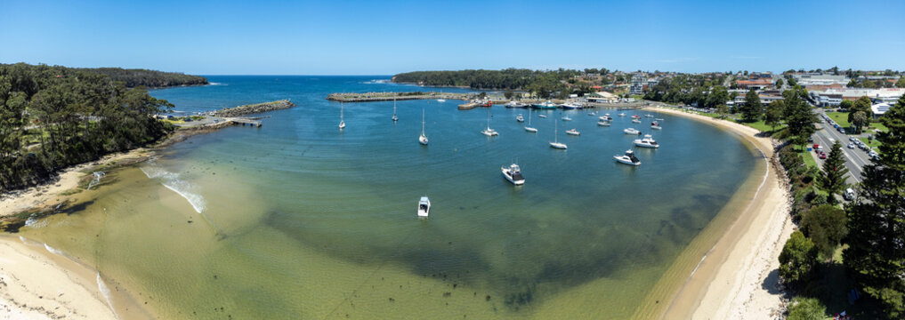 Aerial panorama of the harbour at Ulladulla, NSW, Australia