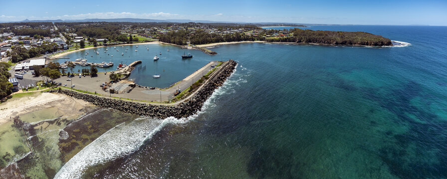 Aerial panorama of the harbour at Ulladulla, NSW, Australia