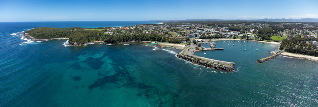 Aerial panorama of the harbour at Ulladulla, NSW, Australia