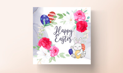 beautiful Easter card with cute bunny  mushroom and beautiful flower