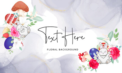 hand drawn background with cute bunny  mushroom and beautiful roses flowe