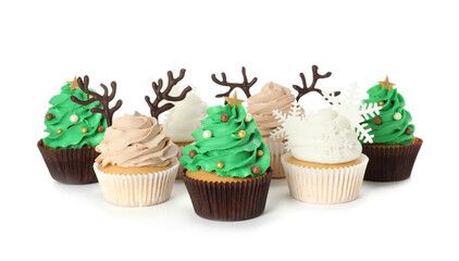 Different beautiful Christmas cupcakes on white background