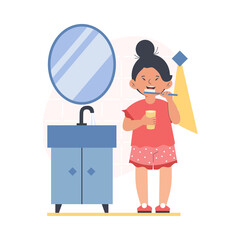 Child performs daily dental care routine, flat vector illustration isolated.