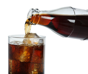Pouring cola from bottle into glass with ice cubes on white background, closeup. Refreshing soda water