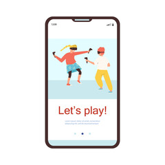 Happy kids wearing VR glasses and playing together, onboarding screen template - flat vector illustration.