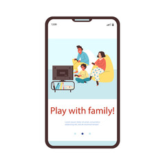 Child boy plays video game together with parents, onboarding screen template, flat vector illustration.