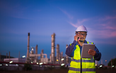 Engineer wearing safety uniform and helmet looking detail tablet on hand with oil refinery factory...