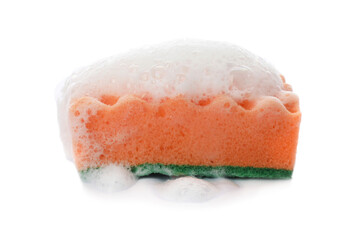 Orange cleaning sponge with foam on white background