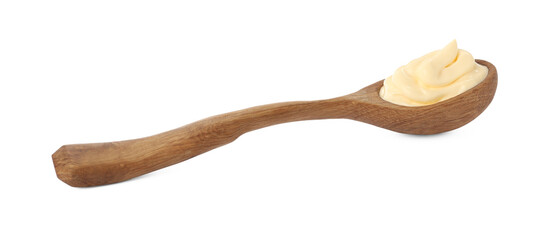 Wooden spoon with tasty mayonnaise isolated on white