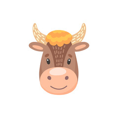 Cow, bull or ox cute horned animal face isolated flat cartoon head. Vector funny childish mask, cute comic emoticon emoji design. Taurus or beef, funny domestic farm animal portrait, baby cow or bison