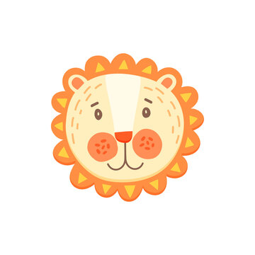 Lion or leo cute animal face isolated flat cartoon head. Vector funny childish mask, king of animals head, strong predator. Wildlife funny lion, baby kids toy. Cute comic emoticon emoji design