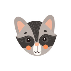 Obraz premium Raccoon cute animal face isolated flat cartoon head. Vector racoon funny childish mask, kids grey and black animal, funny coon childish avatar, pretty kids portrait. Cute comic emoticon emoji design