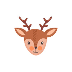 Deer or moose head face mask isolated animal emoji flat cartoon head. Vector cute comic emoticon emoji design, avatar with horned deer. Stag hunting sport mascot, cartoon reindeer funny childish mask