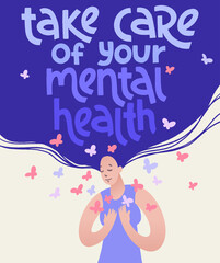 Take care of your mental health. Peaceful and calm woman with a serene face.