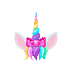Unicorn head with hair bang, rainbow horn and pair of ears, pink silk bow. Vector baby pony horse fairy tale animal cute magic head with sparkles and glitters, girlish hairstyle decoration element