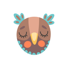 Wise owl isolated brown smart bird flat cartoon head, face mask. Vector sleeping owlet animal with closed eyes. Symbol of wisdom, cute howlet colorful feathered barn, long eared eagle-owl