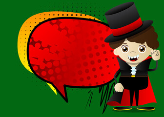 Kid dressed for Halloween making power to the people fist gesture. Vector cartoon character illustration of kids ready to Trick or Treat.