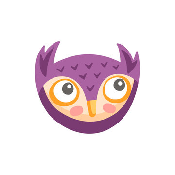 Colorful feathered barn owl, long eared eagle-owl comic avatar emoji emoticon. Vector wild forest bird of prey, wildlife mascot. Funny owlet head, wild owl wise bird animal flat cartoon face mask