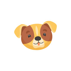 Puggle puppy cute dog muzzle isolated flat cartoon face head mask. Vector canine animal portrait, crossbreed between Beagle and Pug, cute pet portrait, pedigree puggle dog emoji emoticon