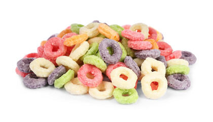 Sweet crispy corn rings on white background. Breakfast cereal