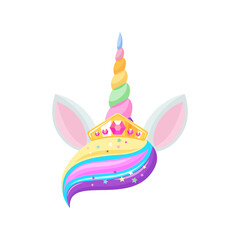 Unicorn head with rainbow hair bang, crown with diamond, unique horn and pair of ears isolated girls hair decoration. Vector baby pony horse fairy tale animal cute magic head with sparkles glitters