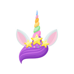 Fairy tale animal head with ears, cute magic horse head with sparkles, rainbow and golden stars isolated cartoon decoration. Vector baby unicorn head with horn, hair bang with glitters, three stars