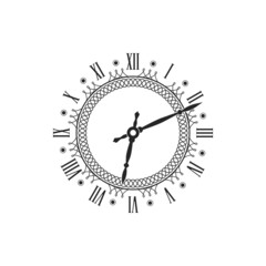 Clock with vintage round dial isolated monochrome icon. Vector watch face with black and white timepiece, antique wall or pocket watch with roman numerals and ornate clock hands, time design