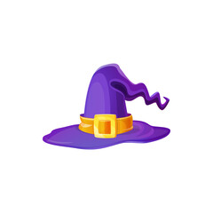 Wizard cap, cartoon headdress isolated purple witch hat with buckle, cartoon Halloween symbol. Vector magical sorceress costume, pointy cap of witch flat style. Halloween party masquerade accessory